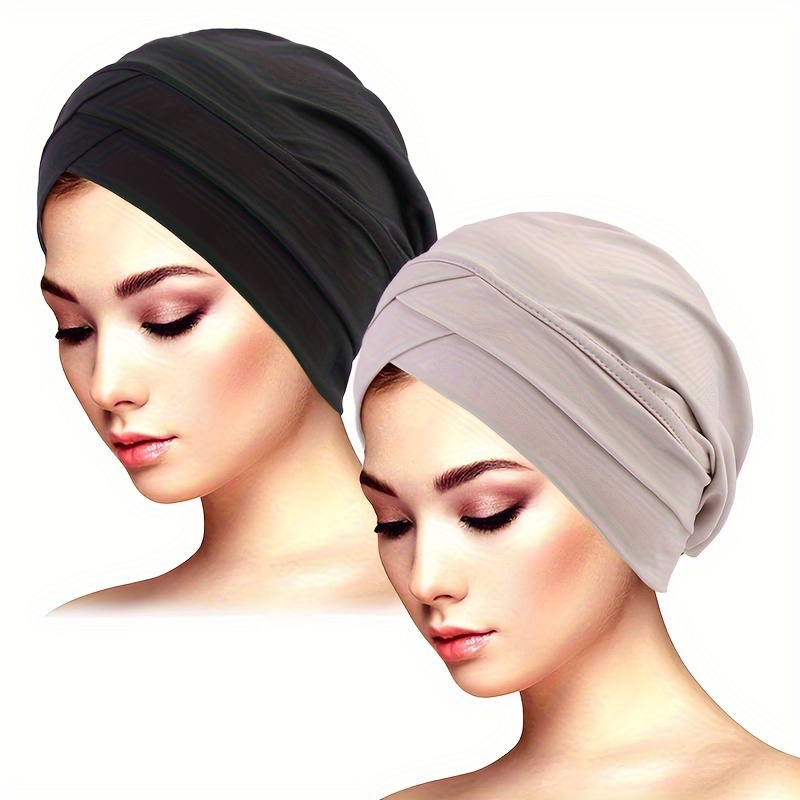 TEMU 2pcs Stretchy Double Turban Caps - Polyester, Chemotherapy & Personal Care