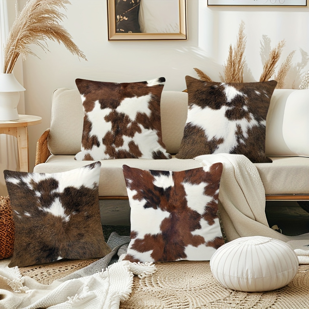 set of 4 vintage short plush double sided printed animal fur throw pillow covers brown   cowhide printed decor cushion covers farmhouse style pillowcases 18x18 inch for porch patio sofa living room bedroom outdoor without pillow inserts Product details 0