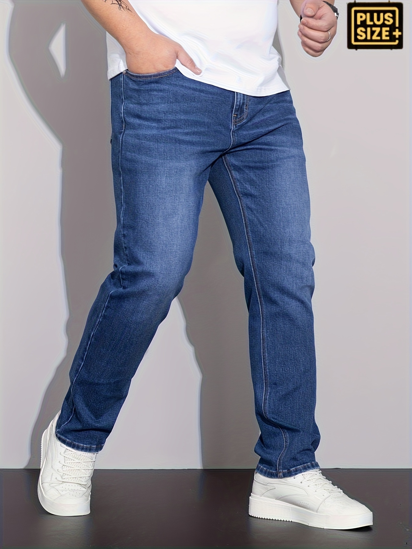 Men'S Plus Size Comfort Stretch Straight-Leg Jeans - Light Blue Washed Denim, Loose Fit Casual Pants with Button Closure, All-Season Wear, Comfortable Clothing | Straight Leg Jeans | Medium Elasticity