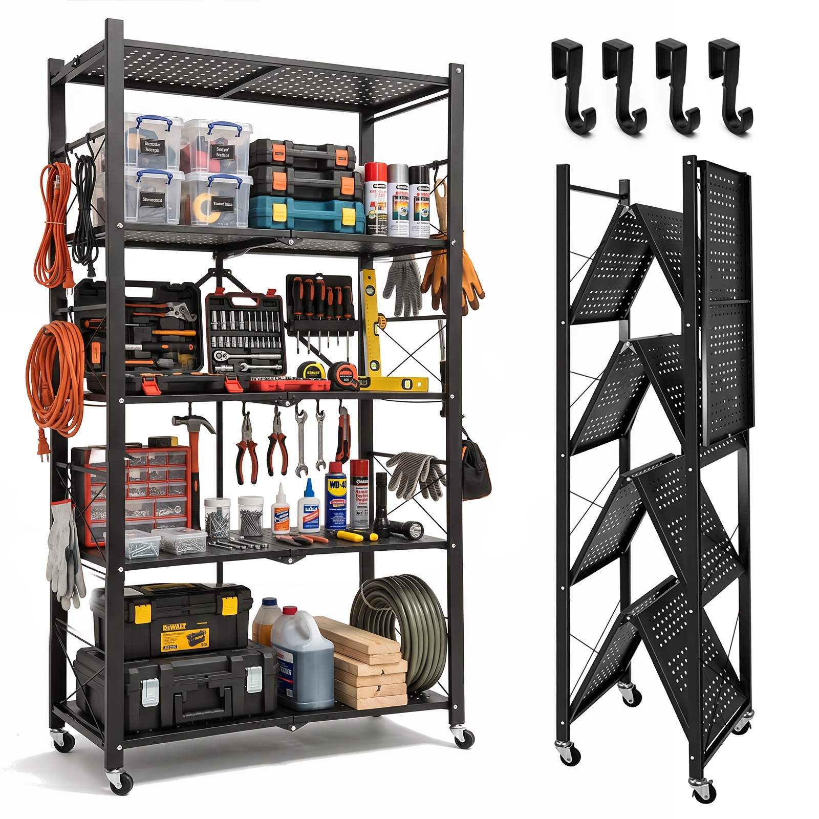 TEMU Heavy-duty Folding Storage Shelves With Wheels Suitable For Garage, Kitchen, Pantry & Bathroom Shelving Unit - No , Iron Wire Standing Rack With