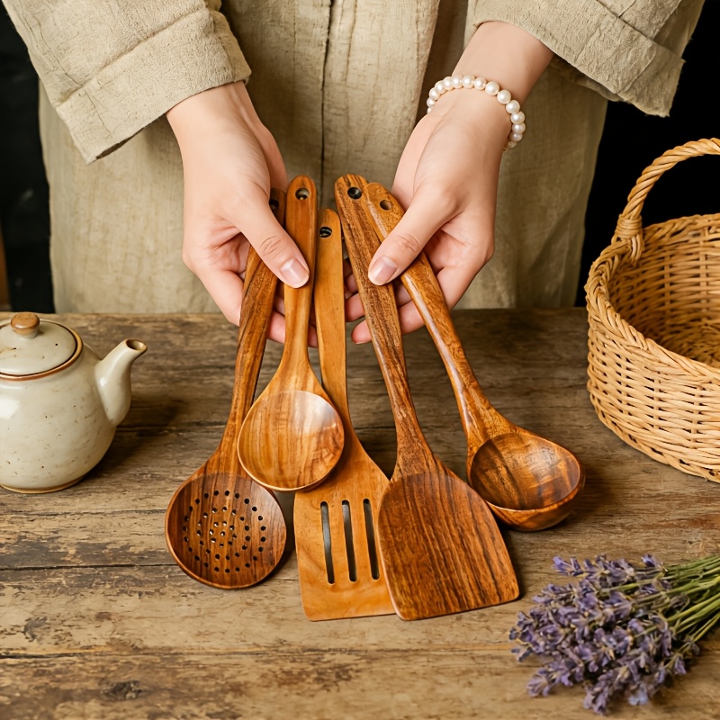 E-shop 2/5-teiliges Kochutensilien-Set aus Naturholz – Ergonomischer Griff, nicht saugfähige Oberfläche, langlebige stilvolle Küchenwerkzeuge, geeignet
