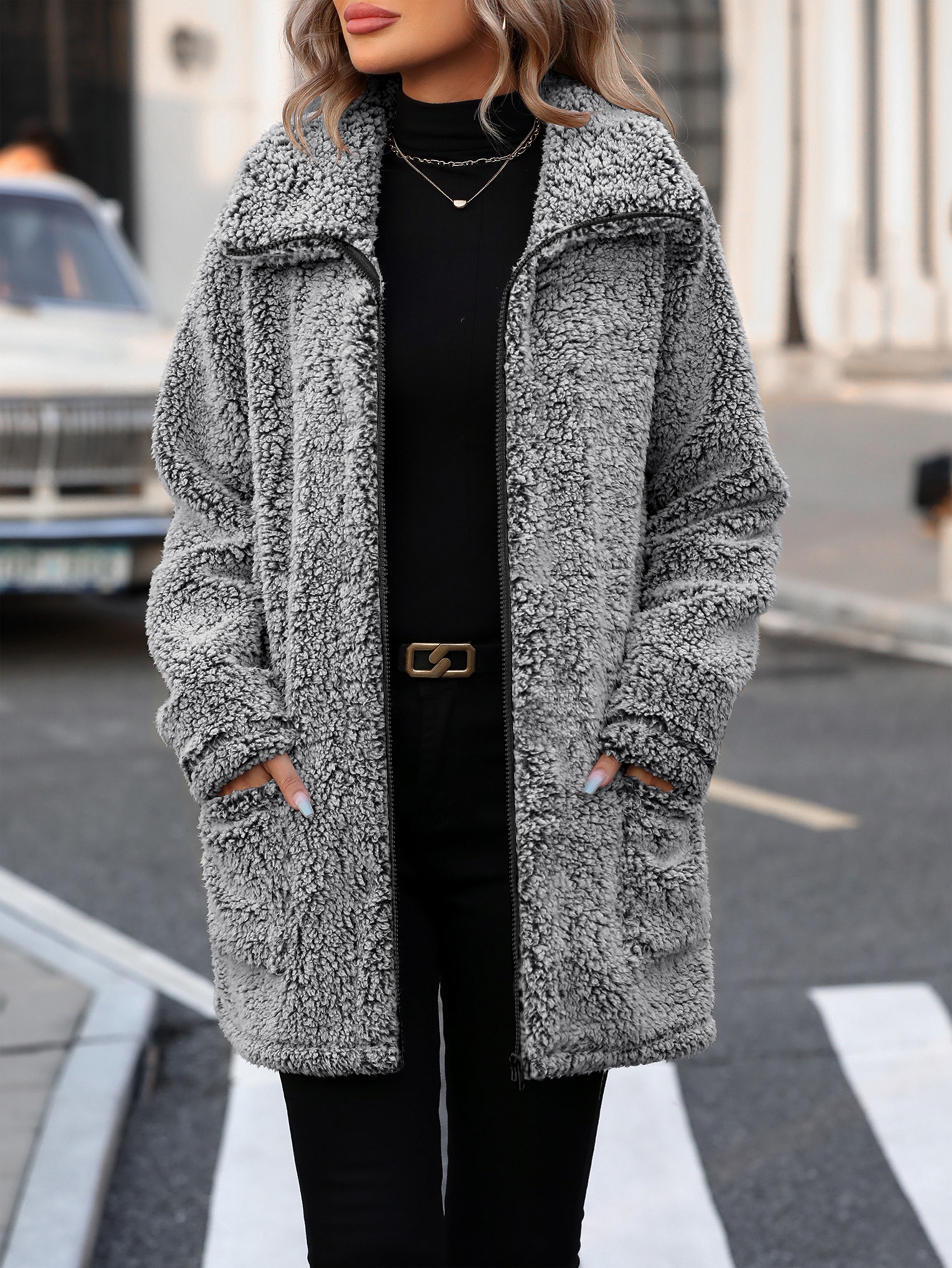 Women's Plus-Size Elegant Plush Fur Coat Thick Winter Jacket with  Zipper Front, Open Collar Pockets, Machine Washable, Soft Warm Outerwear  fo