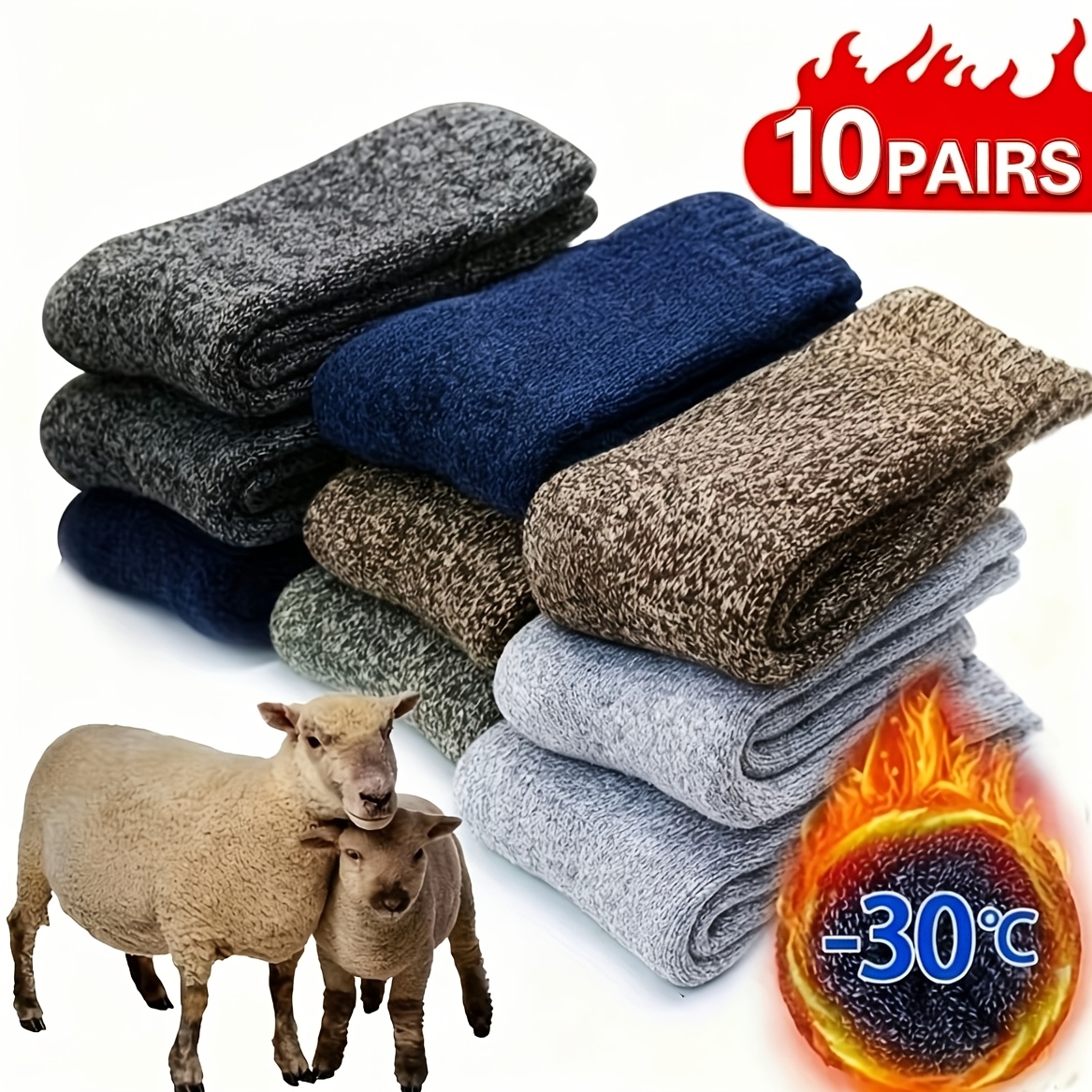 TEMU 10 Pairs Unisex Thick Winter Socks, Men's Outdoor Camping Mountaineering Cold-resistant Warm Snow Boot Socks, Men's Winter Long Thick Crew Socks