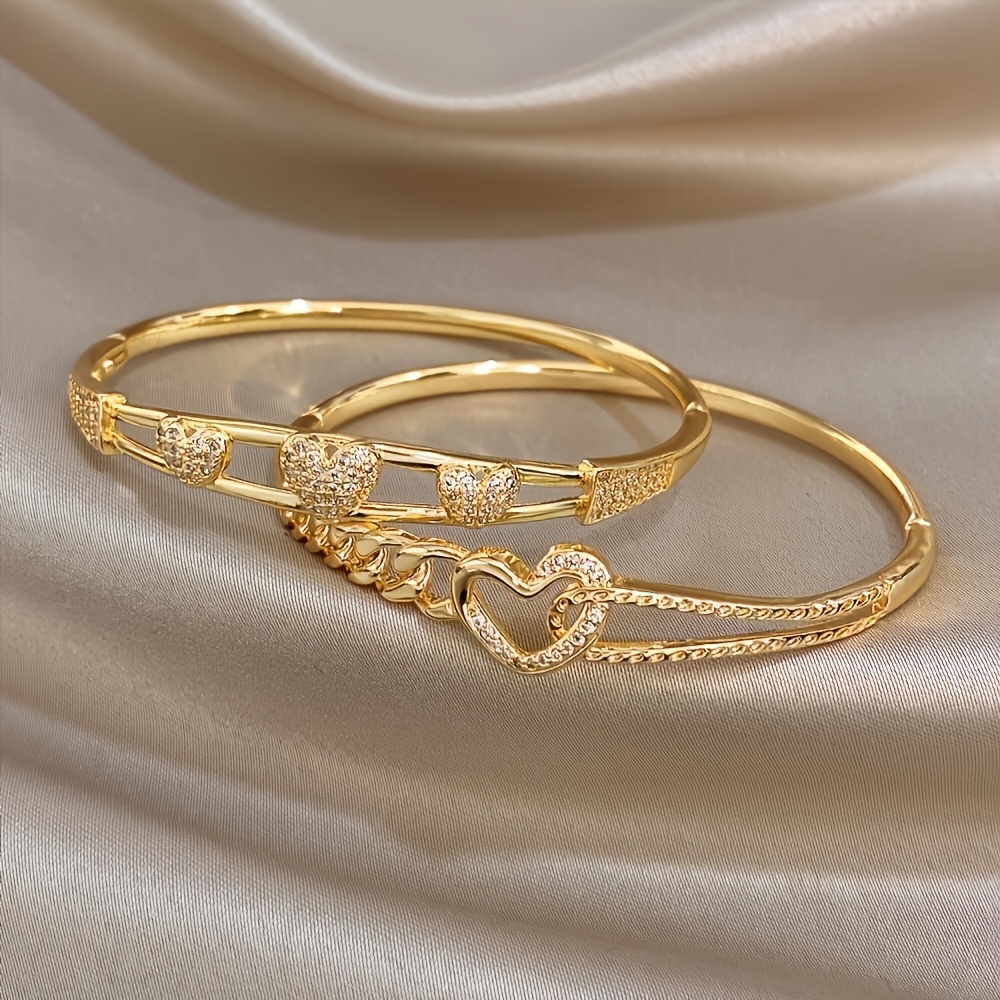 2pcs Romantic Hollow-Out Heart Bangle Set, Exquisite Design