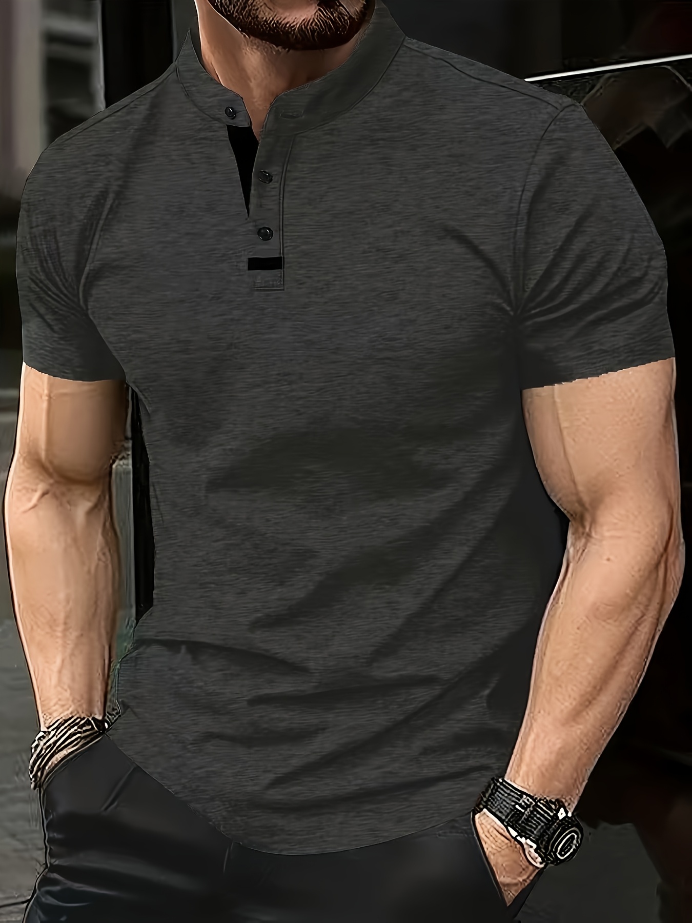 Plus-Size Men's Short-Sleeve Casual T-Shirt - Slight Elasticity, Classic Solid Color & Button Detail, Breathable Stand-Up Collar for Spring/Summer Wear, Stylish Plussize Top, PLUS SIZE