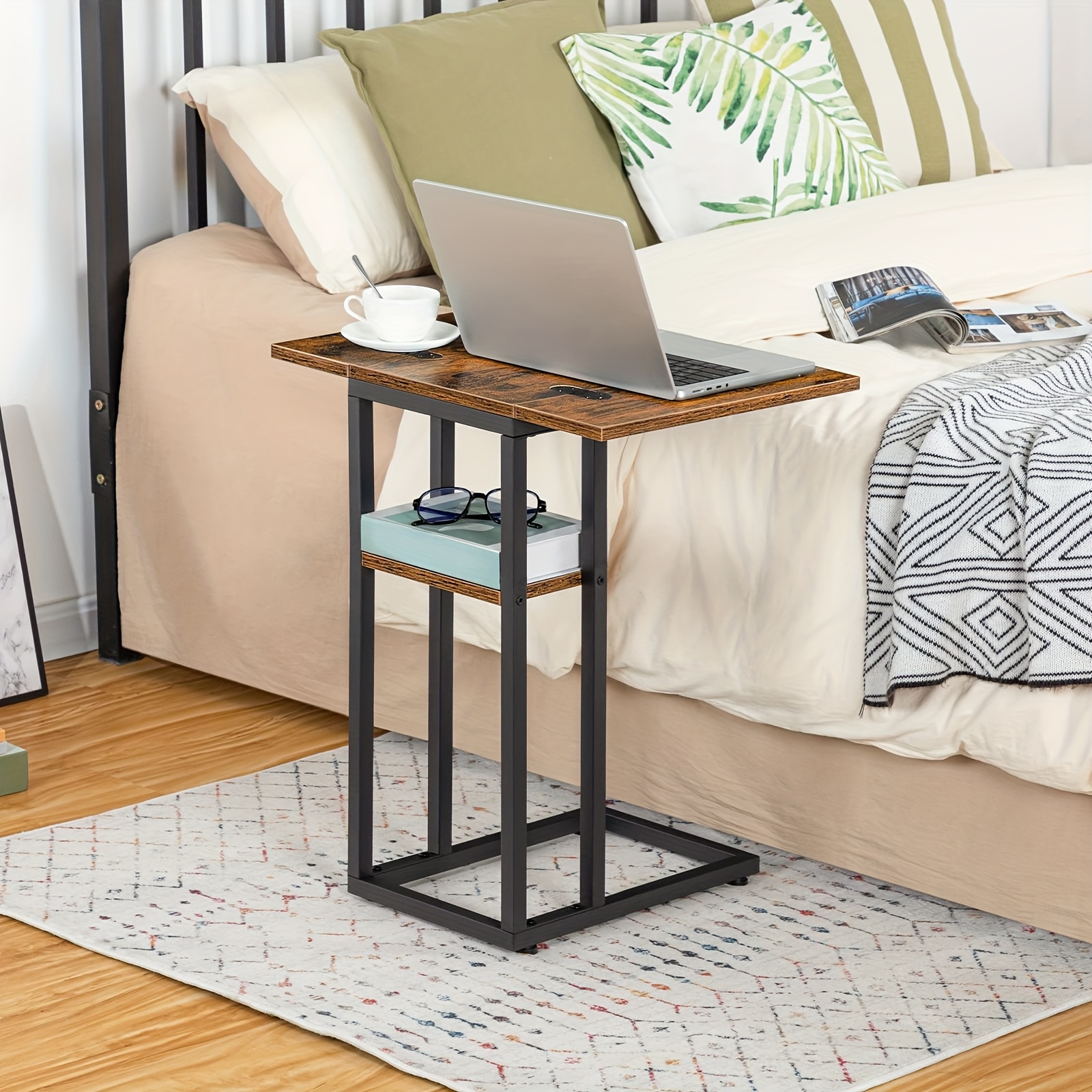 Side Table, Folding Sofa, Coffee Table, Coffee Table With Storage Rack, Snack Table, Narrow Bedside Table In Living Room And Bedroom, Space Metal Frame, Dark Brown Color
