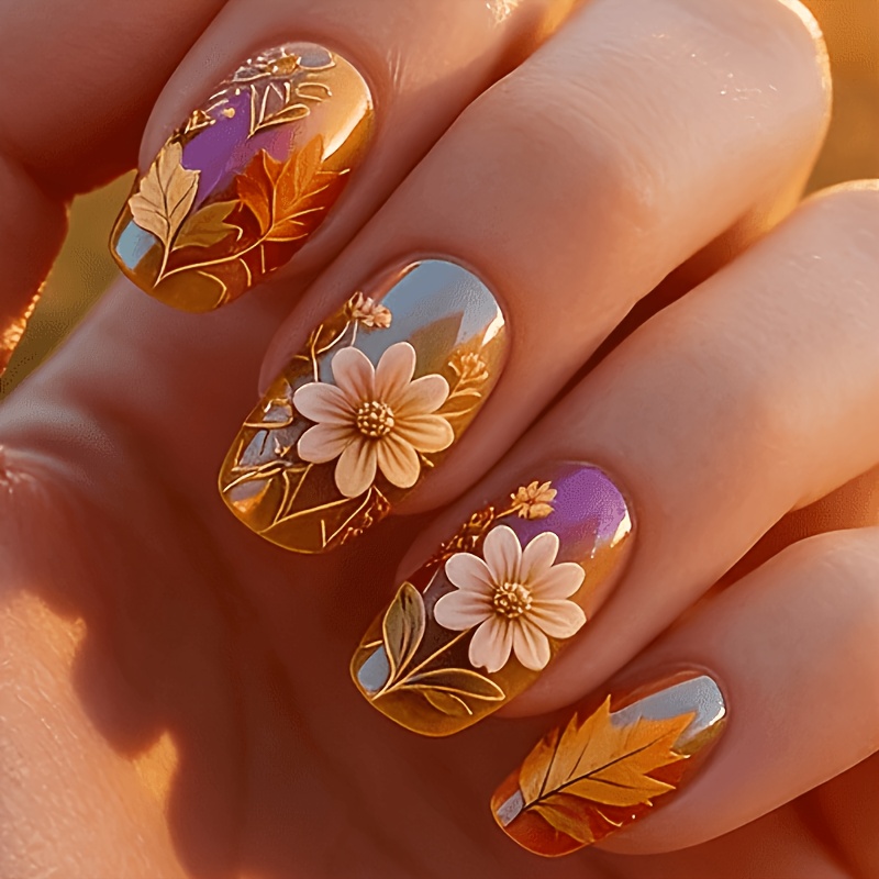 TEMU 24pcs, Mid-long Length, Square Shape, Brown, Flower Pattern, False Nails, Press-on Nail Stickers, Gothic Nails, Nail Art, Nail Set, Women's