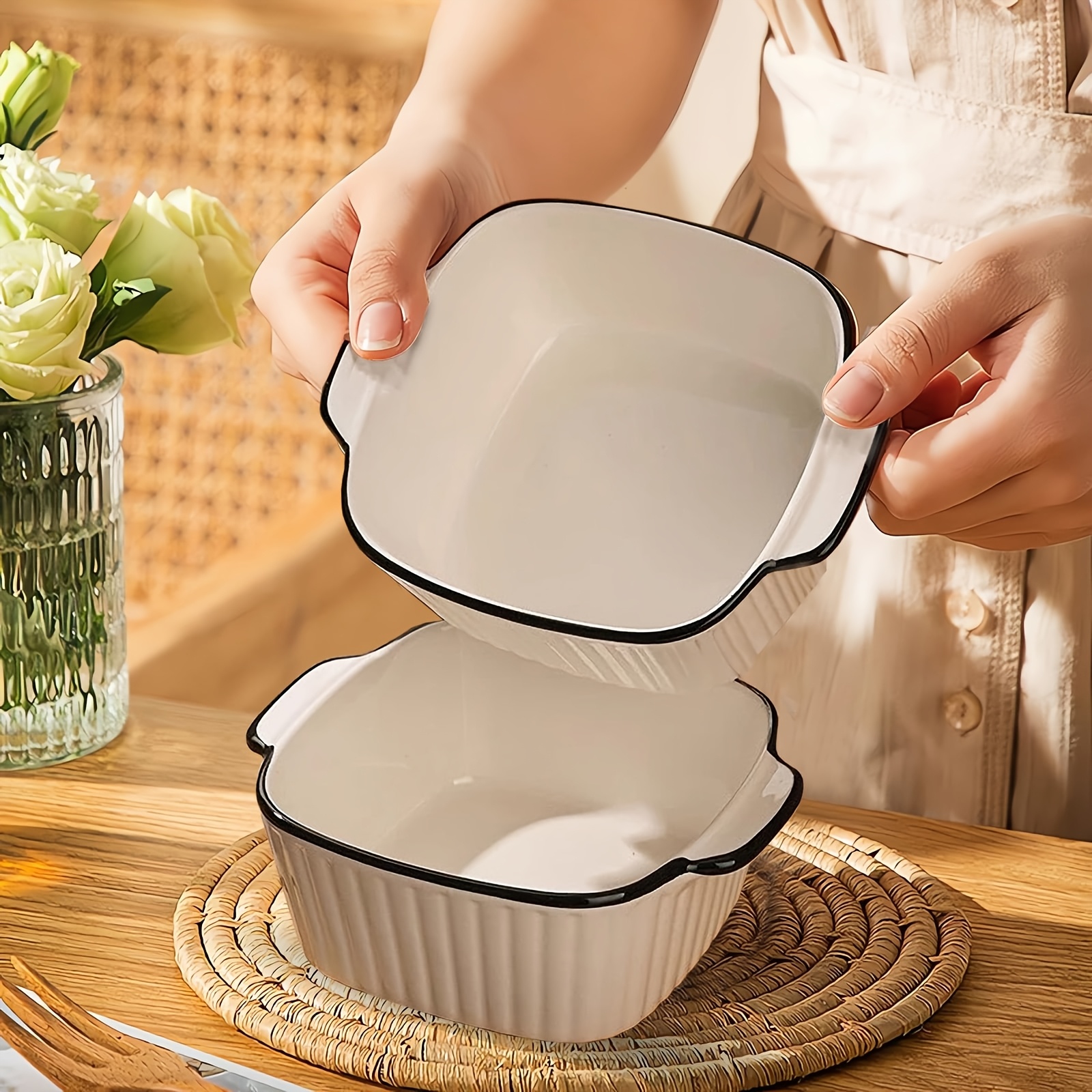 4pcs 13oz ceramic baking dishes black rimmed square baking - Temu