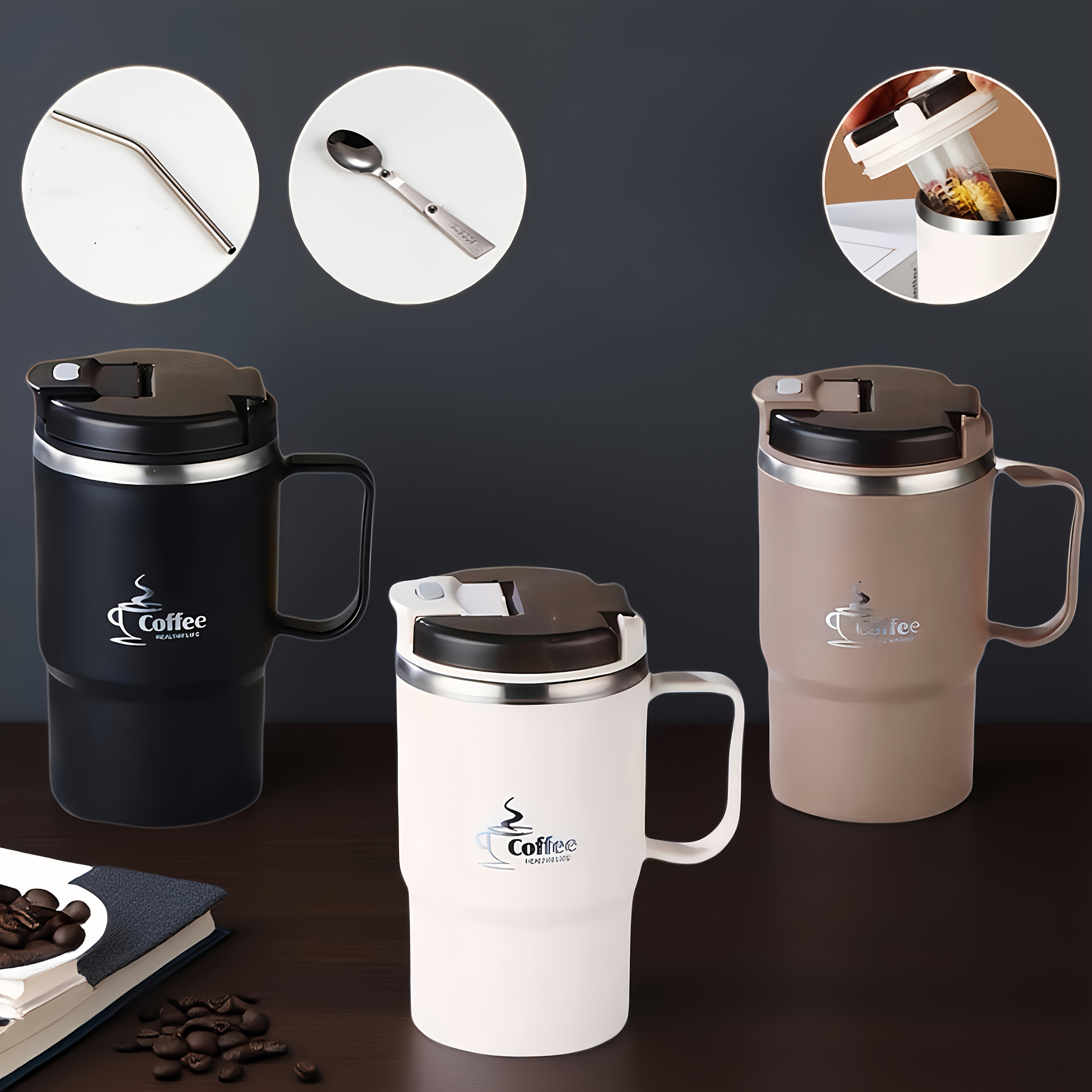 stainless steel insulated coffee mug with handle built in tea infuser and folding spoon leak proof lid   office valentines day mothers day christmas gifts gift coffee mug elegant drinkware durable coffee mug