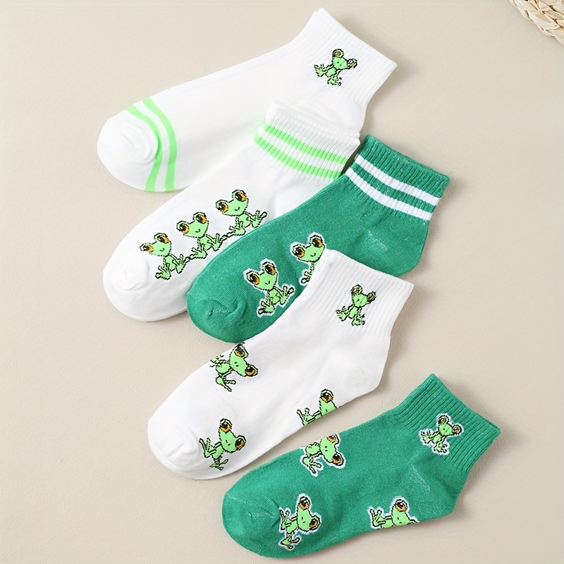 

5 Pairs Fluorescent Green Cartoon Frog Socks, Funny & Cute Striped Short Socks, Women's Stockings & Hosiery For Fall