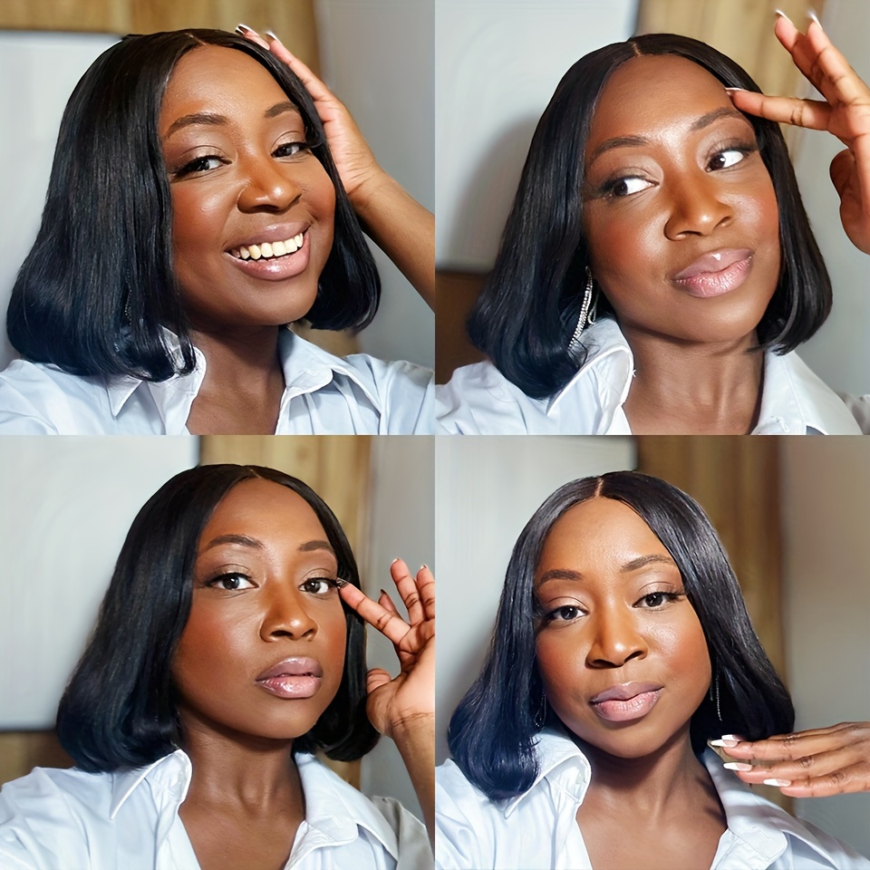 glueless human hair bob wig 4x4 hd lace closure straight short bob preplucked pre cut lace front wig for women 150 density suitable for details 6