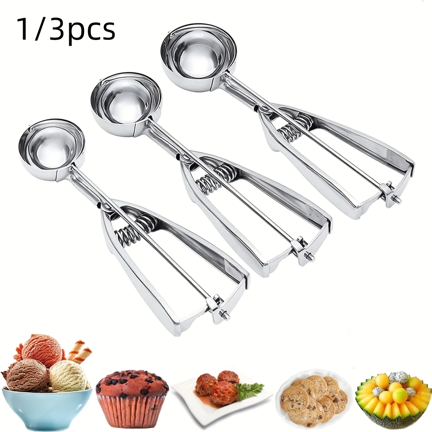 

1pc/3pcs Ice Cream , Cookie Set, Stainless Steel Ice Cream Scooper With Trigger Release, Large/medium/small Cookie Scooper For Baking, Cookie For Baking Set Of 3 With