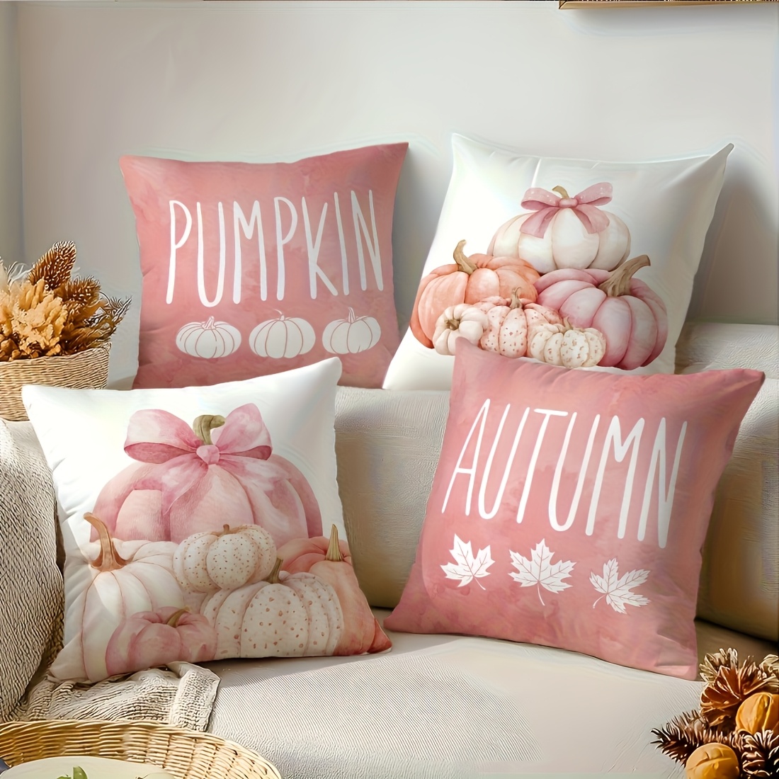 TEMU 4 housses de coussin et mignonnes avec illustration de citrouille rose automnale, impression -, coussins décoratifs carrés de 16×16/18×18/20×20