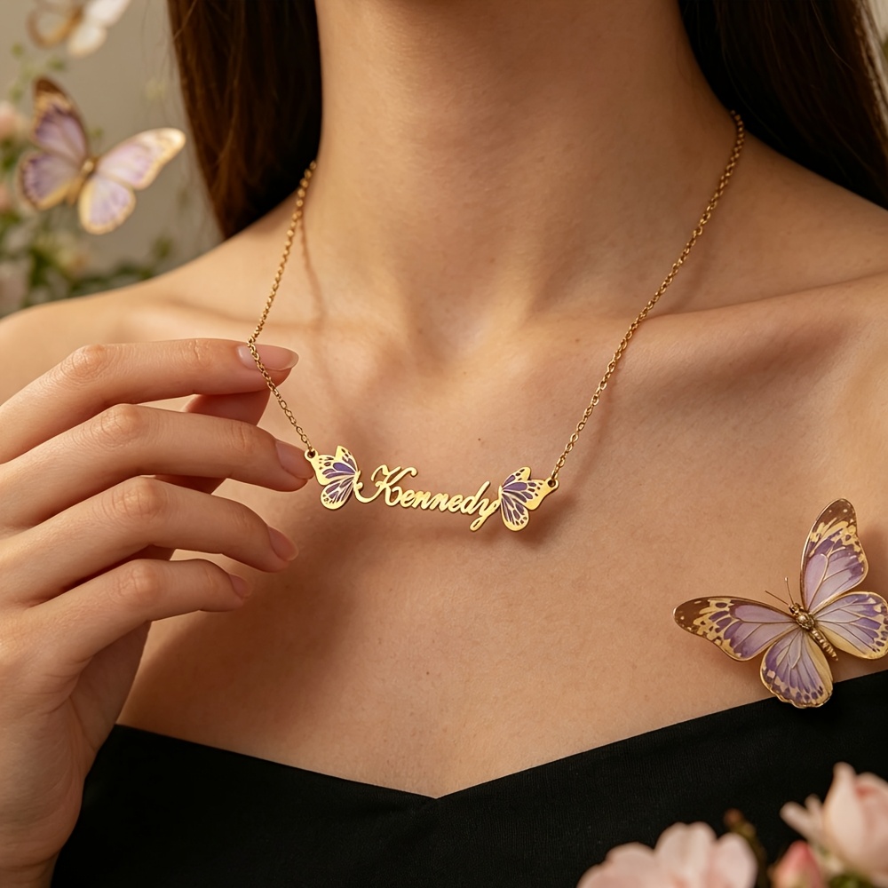 Custom Name Golden Colorful Butterfly Necklace, Personalized