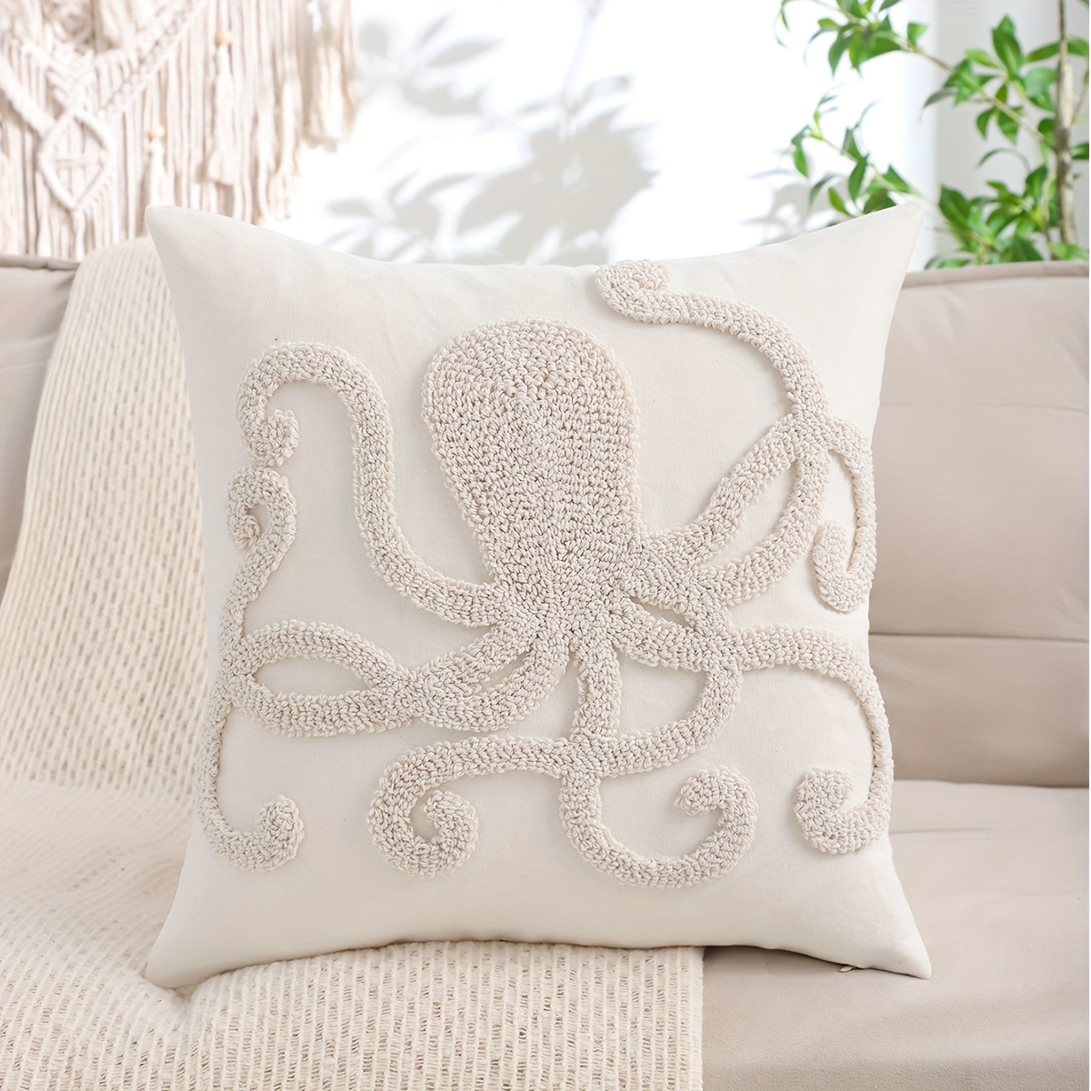 E-shop Sommerdeko Kissenbezug - Weich, Oktopus & Krabben Stickerei, Muschel Design, Reißverschluss, Polyestergewebe, Nur Handwäsche