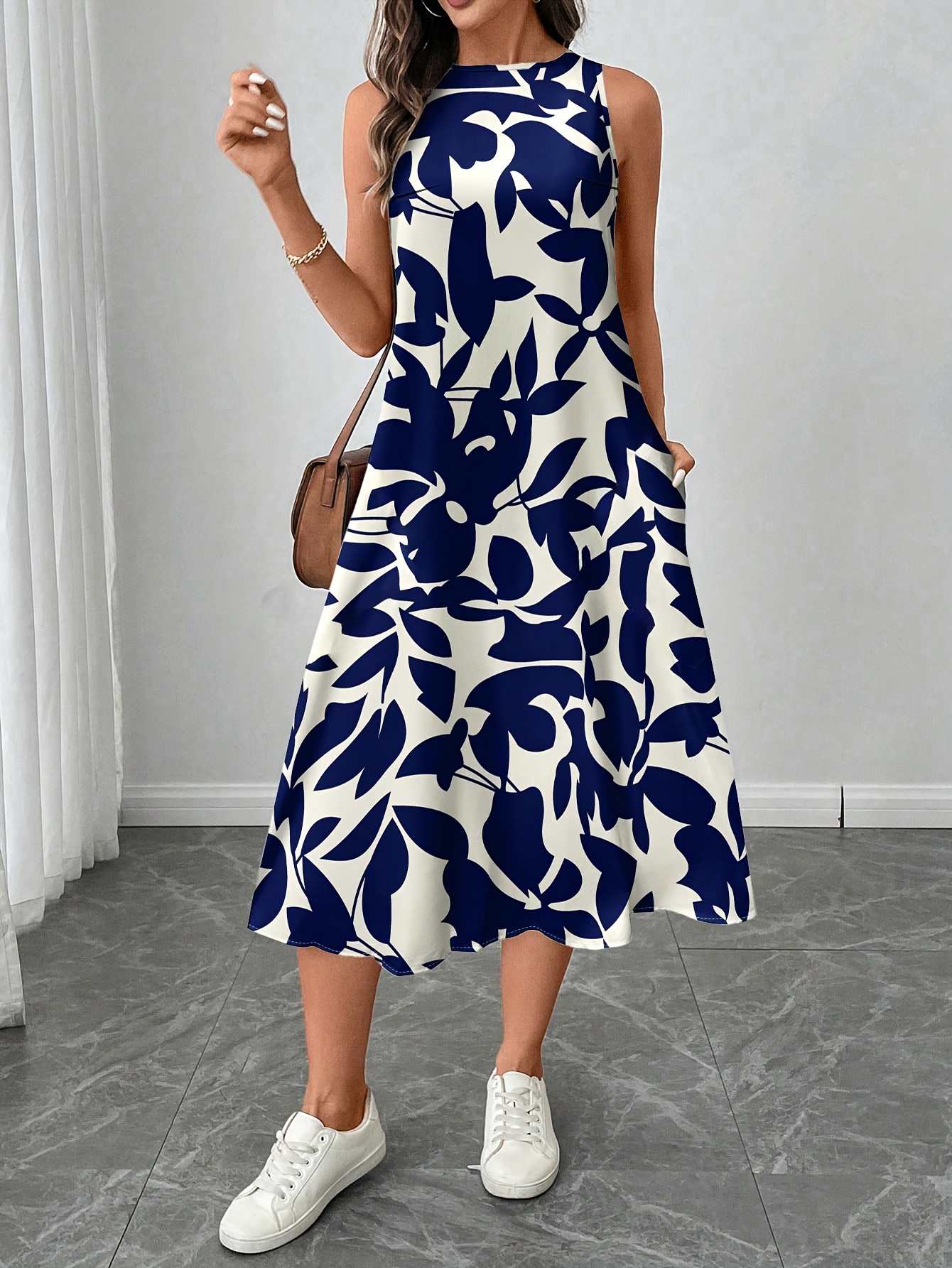 Women S Elegant Floral Print Sleeveless Dress - Casual Summer Style, Round Neck, Lightweight Polyester,   Casual Attire,   Dress | Floral Print Dress | Lightweight Dress