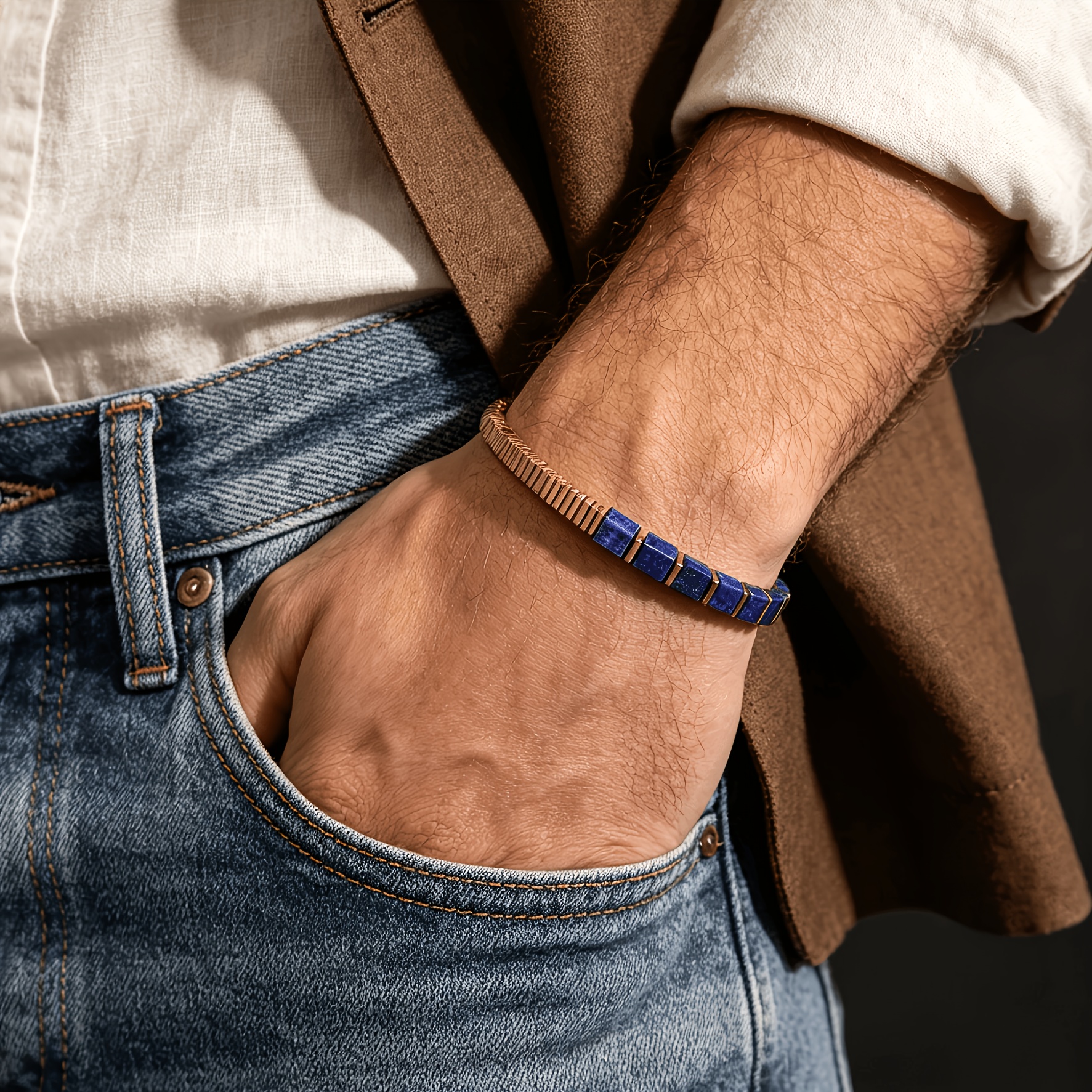 Lapis Lazuli Cube Bead & Hematite Spacers Golden Stackable Bracelet