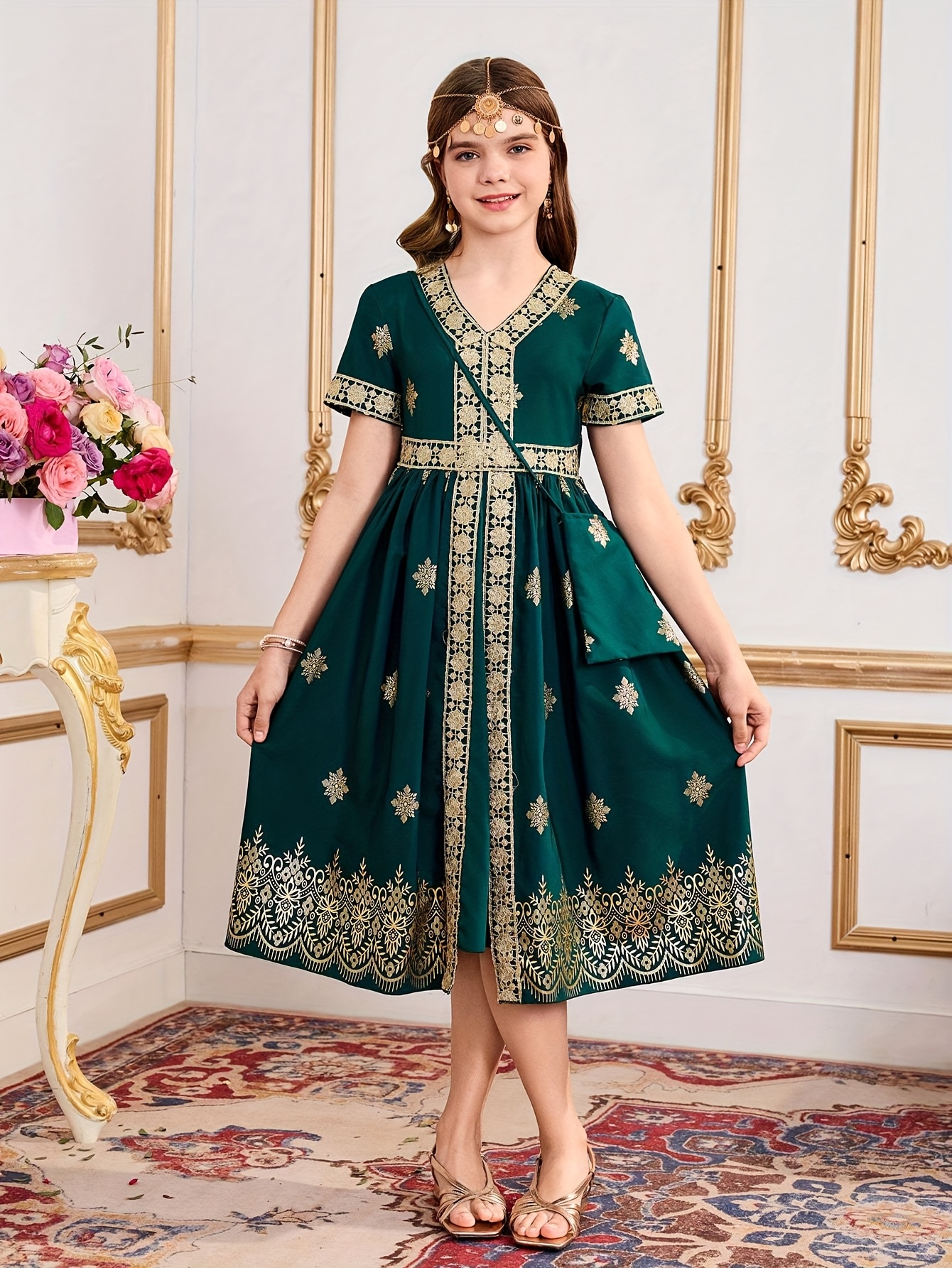 knee length dresses for ladies Beige Multicolor Embroidered V Neck Cap Sleeve Midi Dress