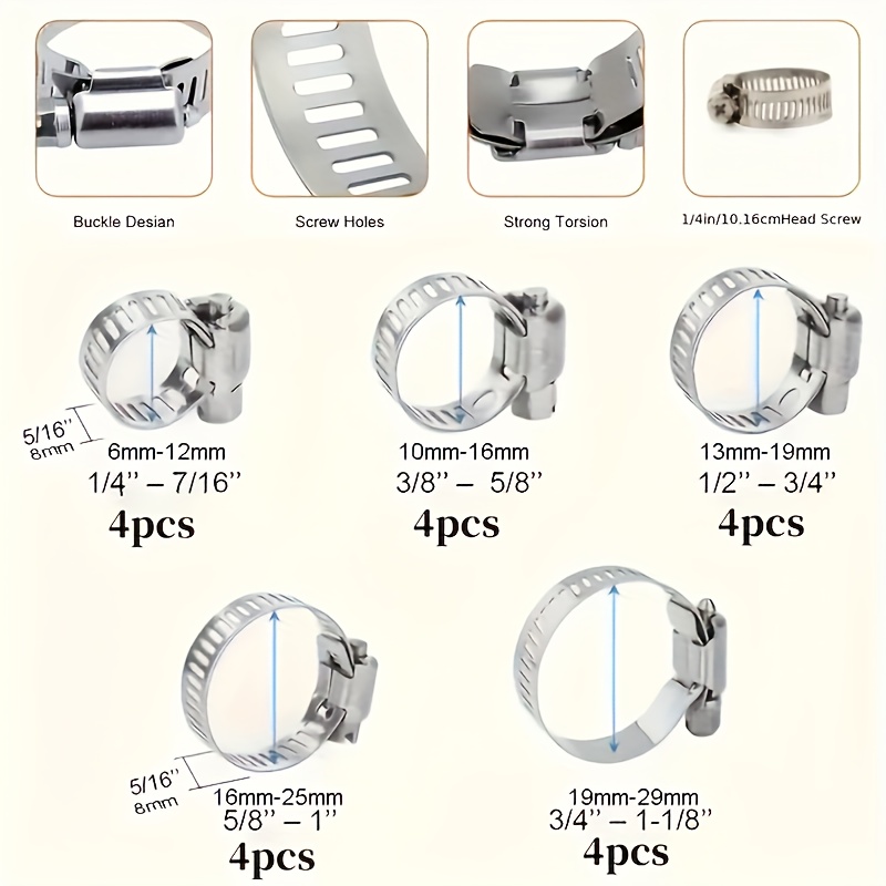 20pcs Premium Stainless Steel Hose Clamp Set - Adjustable Worm Gear for Pipes, Intercoolers & Plumbing - Durable 304 Construction, Fits 1/4
