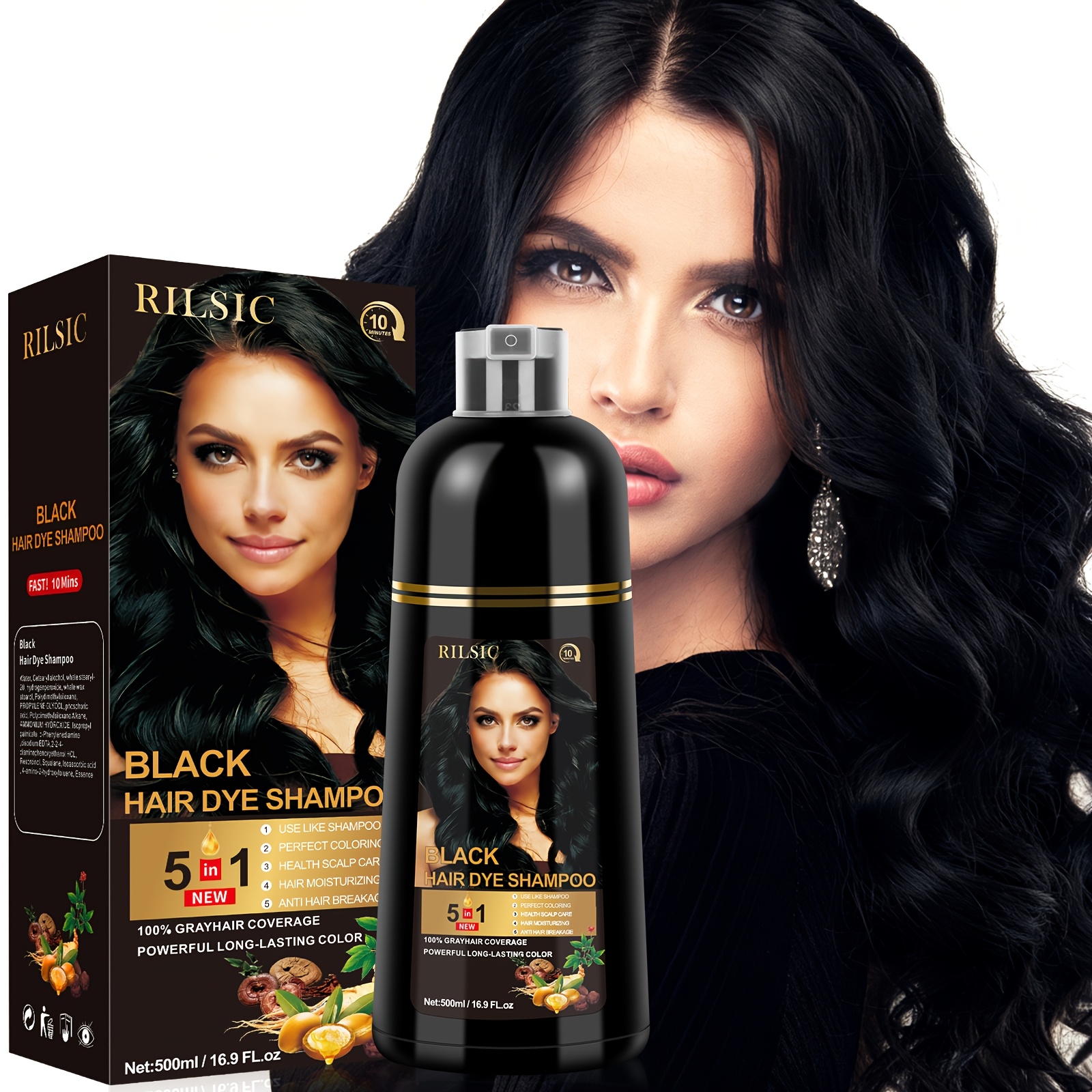 TEMU Rilsic 5 In 1 Hair Dye Shampoo | -dyeing, 100% Covers Gray Hair, Safe And Natural With Argan Ginseng Plant Squalane, No Smell, Suitable For All