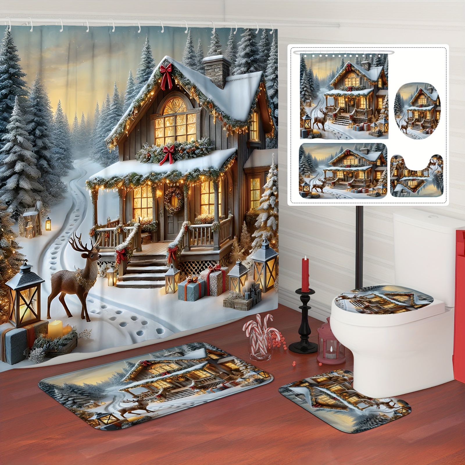 

Christmas Winter Scene Deer Farmhouse Shower Curtain Set With Non-slip Bath Mat, U-shape Toilet Lid Cover, And Rugs - Polyester, Waterproof, Machine Washable Holiday Bathroom Decor With 12 Hooks