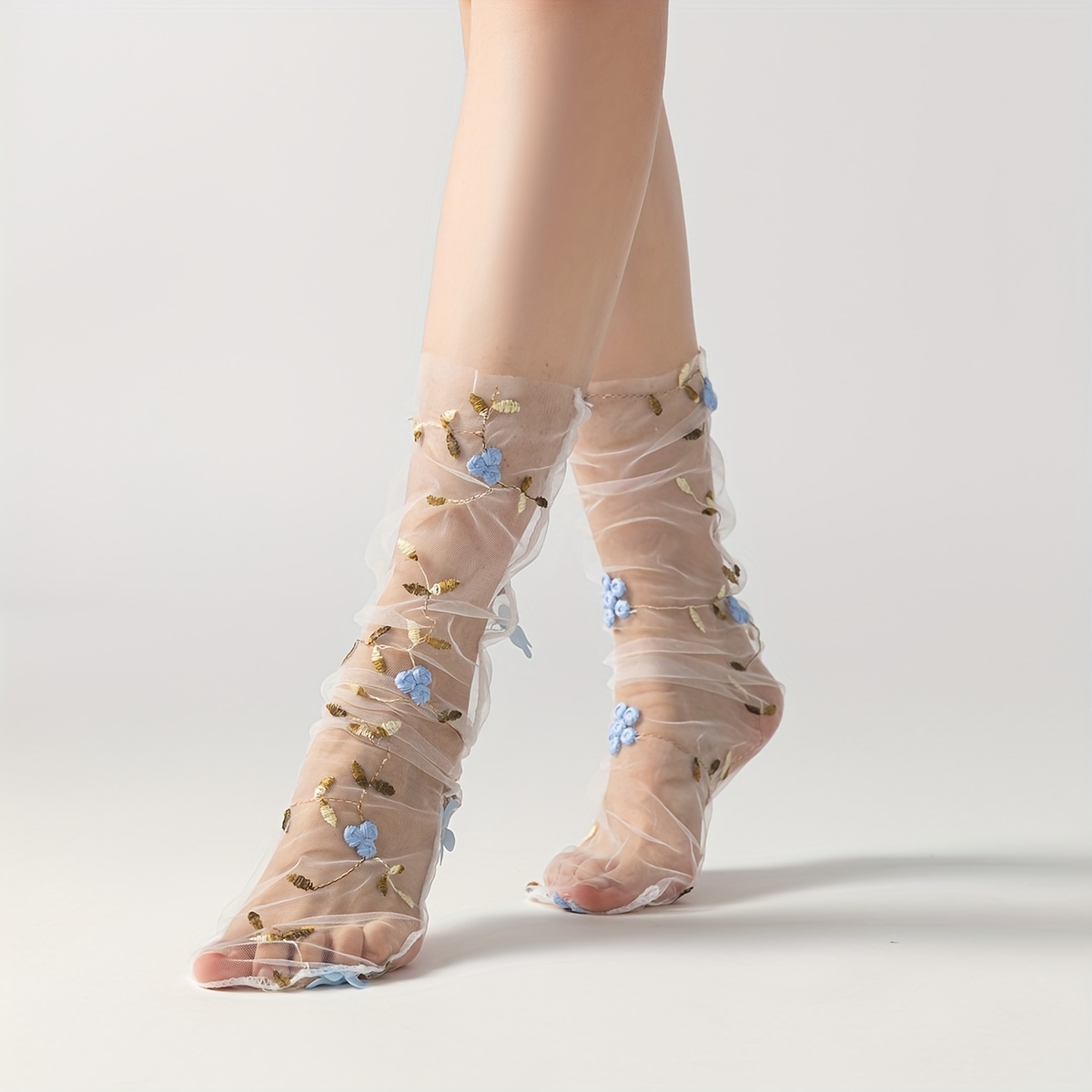 

Floral Embroidery Socks, Sweet & Lightweight Sheer Mid Tube Socks, Women's Stockings & Hosiery
