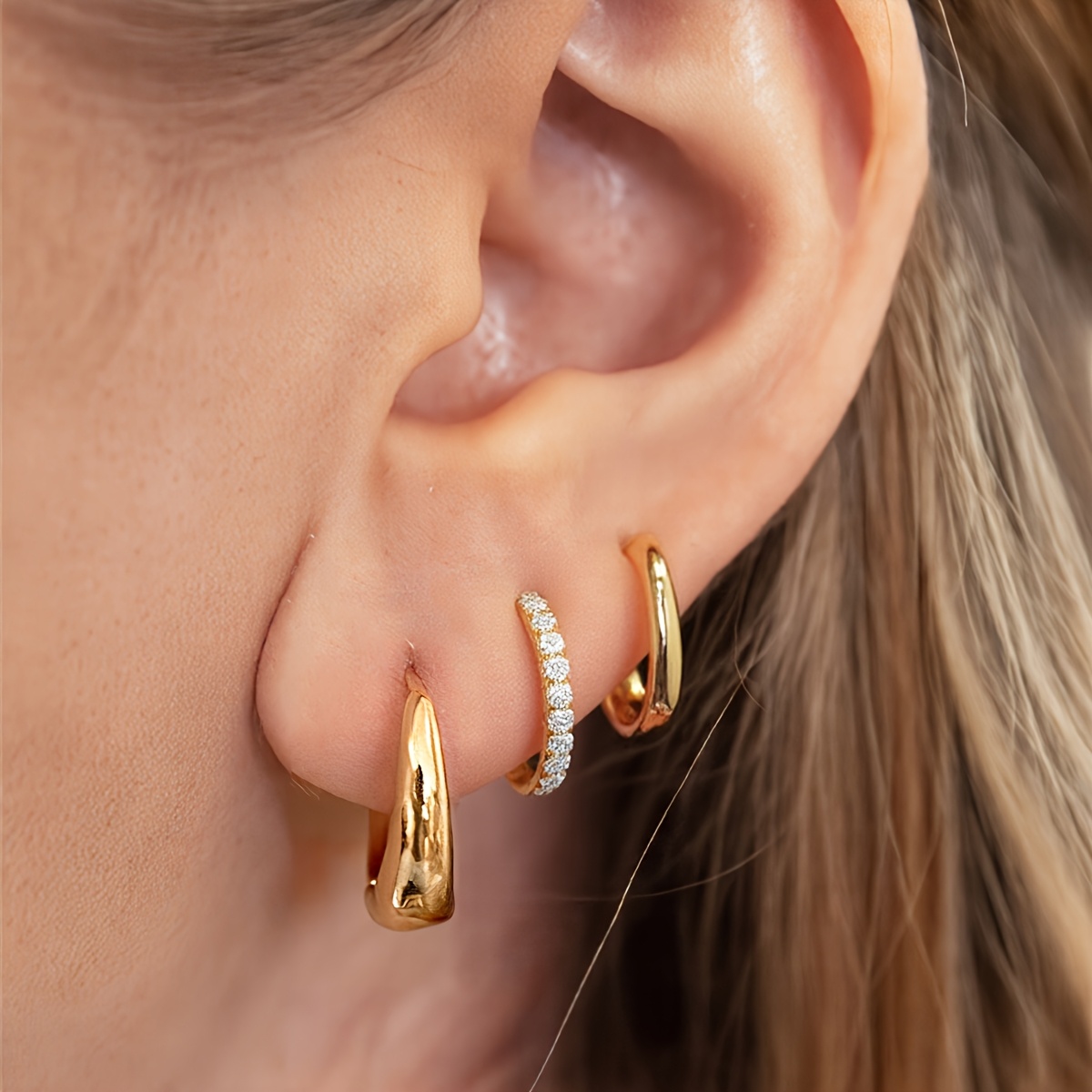3-Pair Set of Elegant Golden-Tone C-Shaped Hoop Earrings with Sparkling Rhinestones - Ideal for Ladies' Parties, Vacations & Casual Attire, Stainless Steel Posts