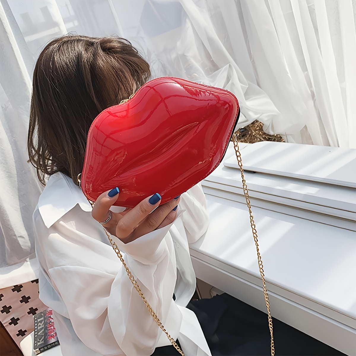 

Red Lip Shaped Unique Korean Style Glossy Shoulder & Crossbody Bag, Fashion Small Handbag With Chain Strap For Women