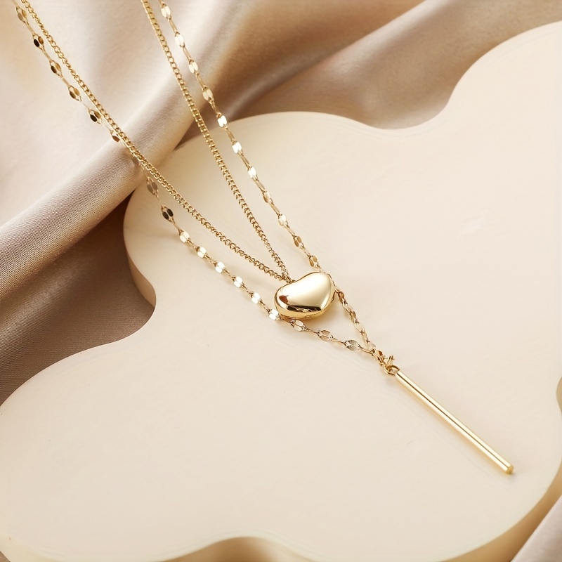 

Elegant Gold-plated Heart & Bar Pendant Necklace - Stainless Steel, Layered Design For Women | Casual Attire & Gifting