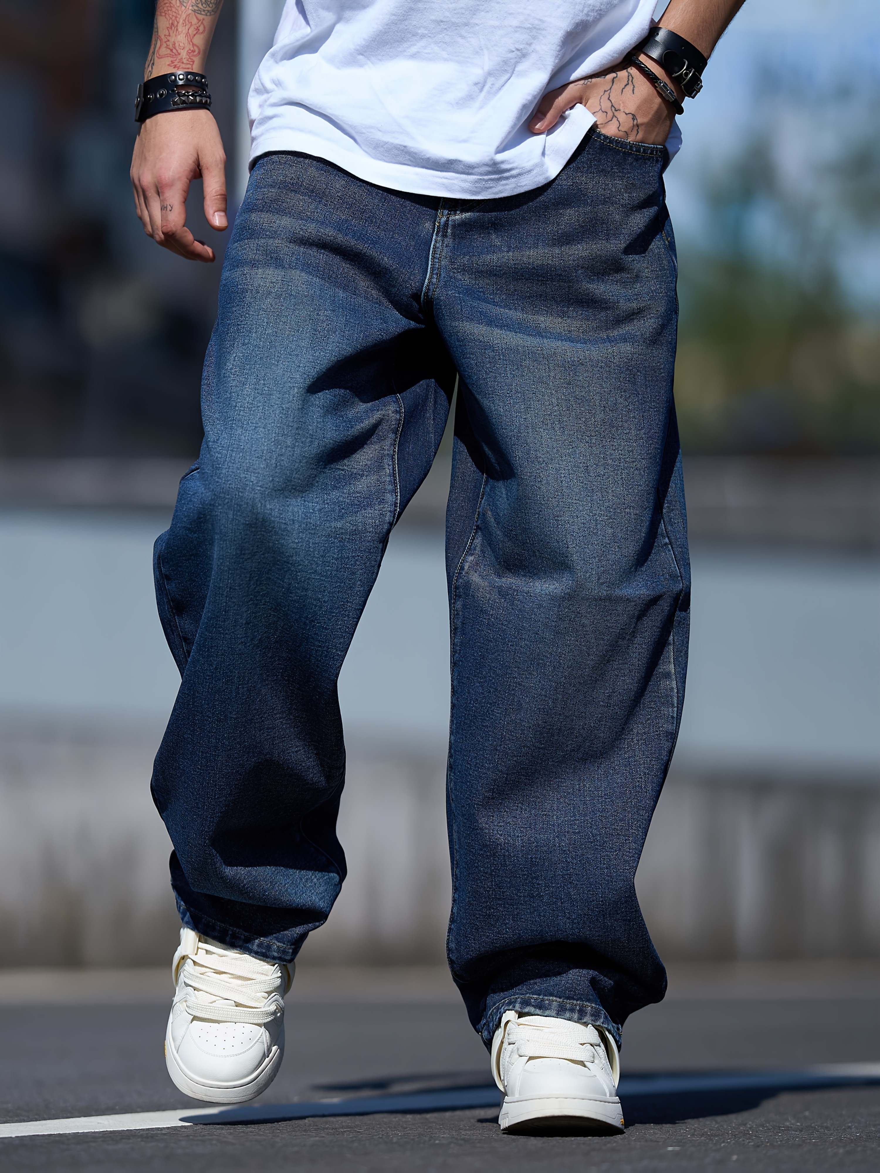 Men'S New Versatile Loose-Fitting Wide-Leg Washed Casual Straight Pants from American Retro Jeans