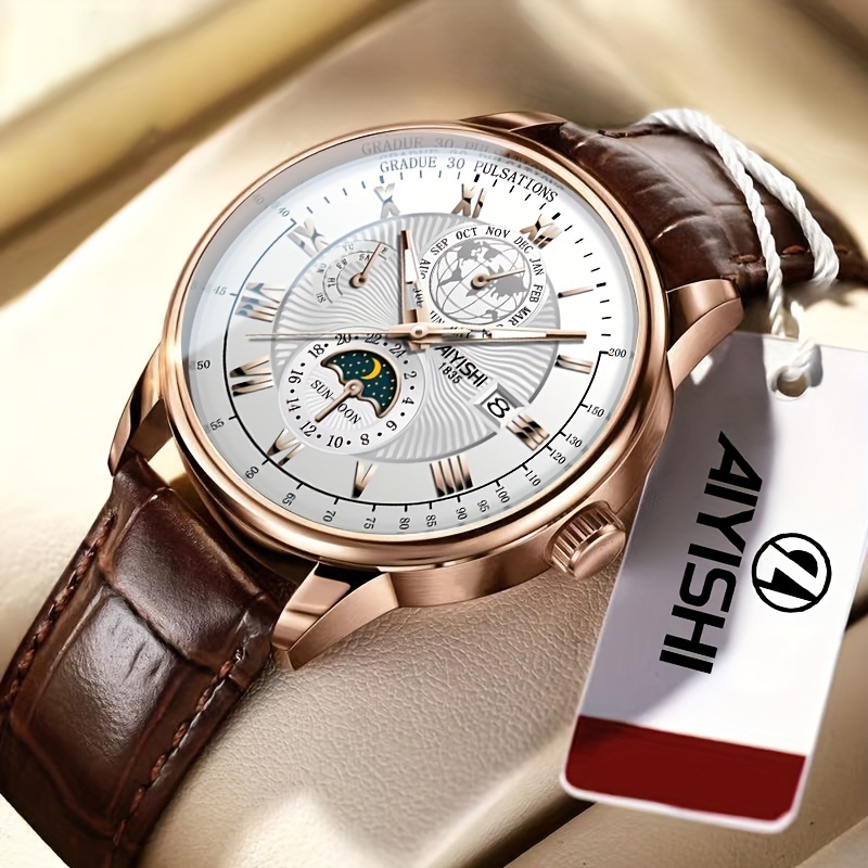 

Pu Leather Strap, Glow In The Dark Calendar Round Dial Casual Fashion Men's Watch, Father's Day Gift