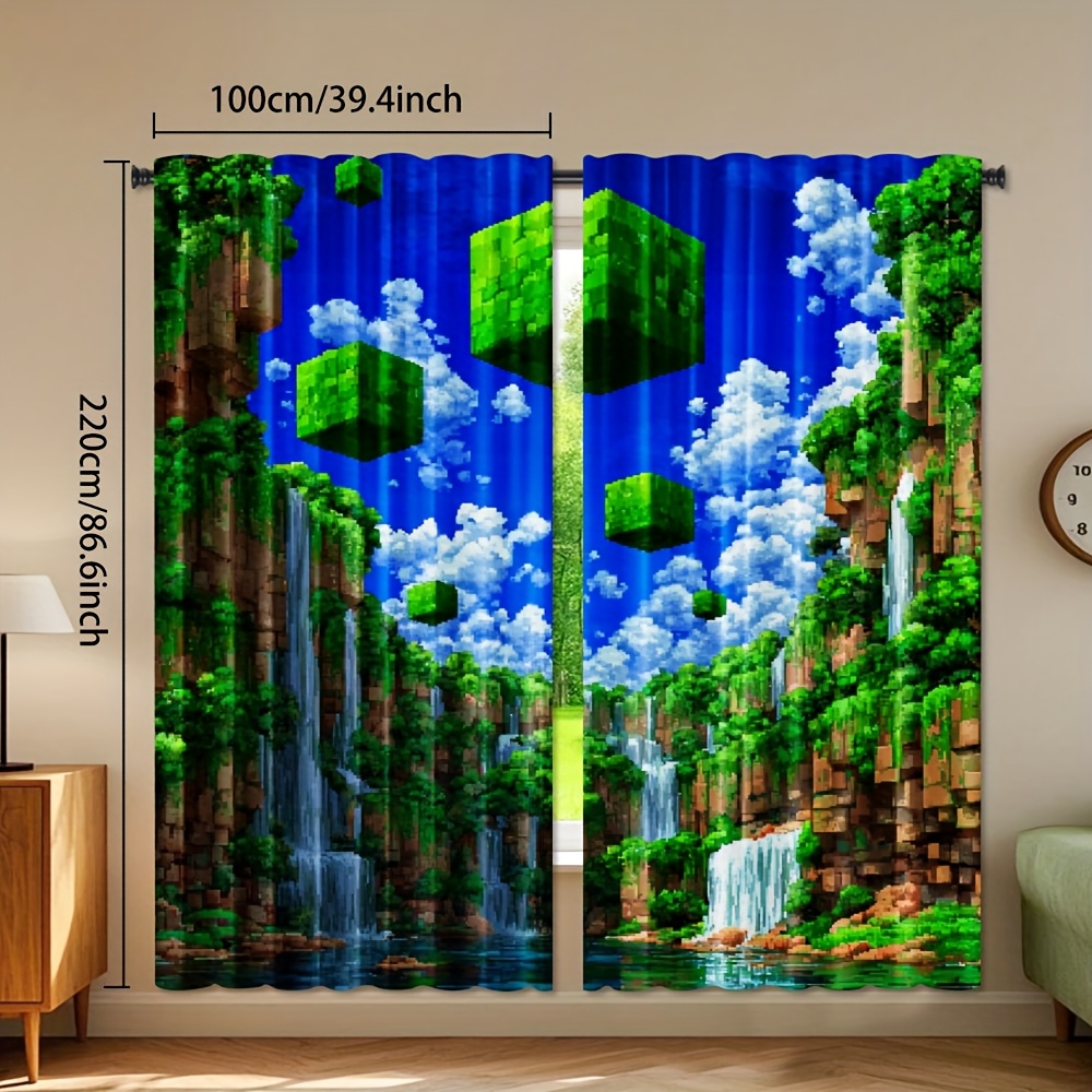 TEMU 2 pezzi, Tende in Poliestere con Motivo Paesaggio Naturale a in Stile Pixel Art, Contemporanee, Lavabili in Lavatrice, Tema , Decorazione per