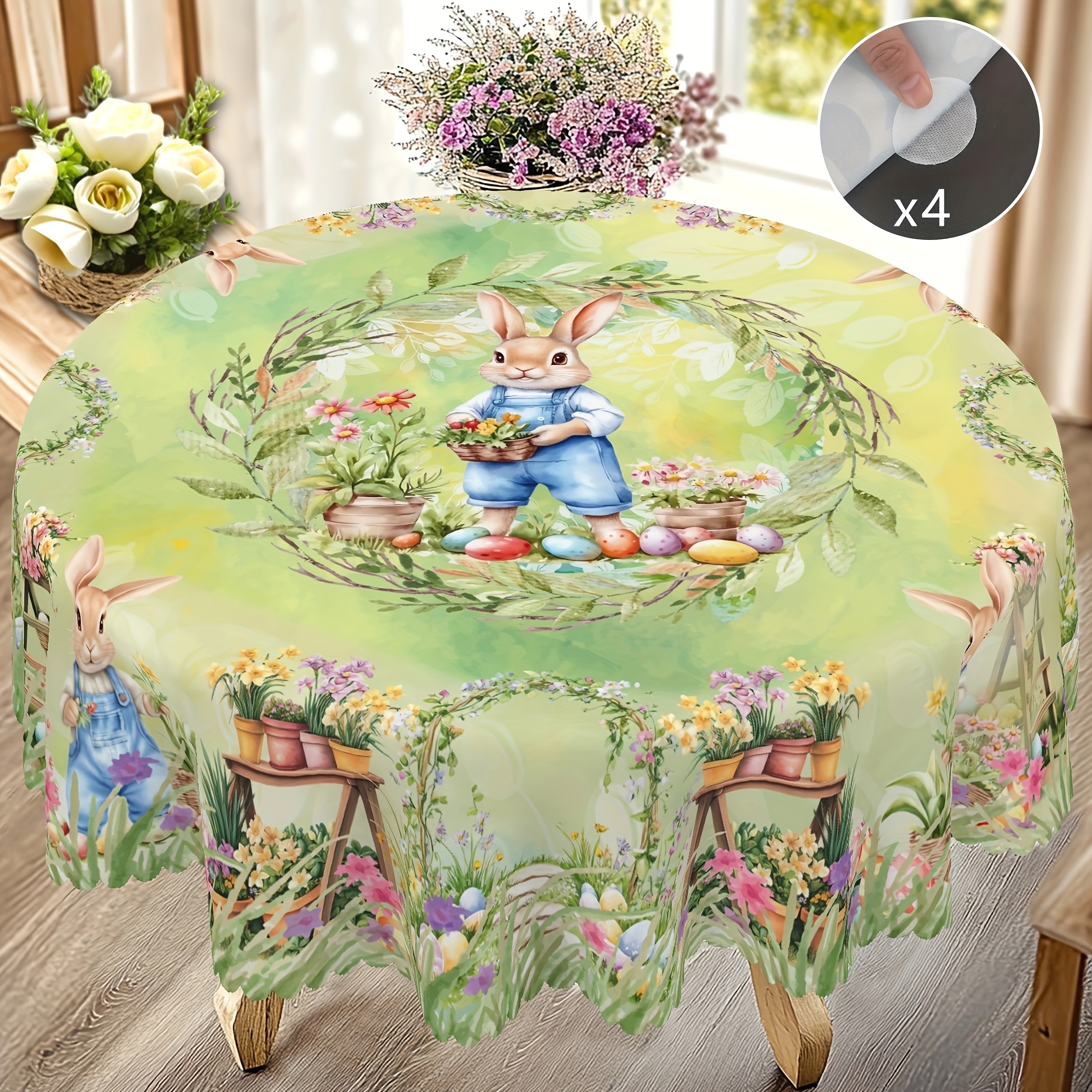 

Easter Bunny And Floral Polyester Tablecloth, Round, Spring Theme With Eggs And Flowers, Machine Woven, With 4pcs Self-adhesive Band, For Home, Kitchen, Picnic, Holiday Party Decor, Gift Idea