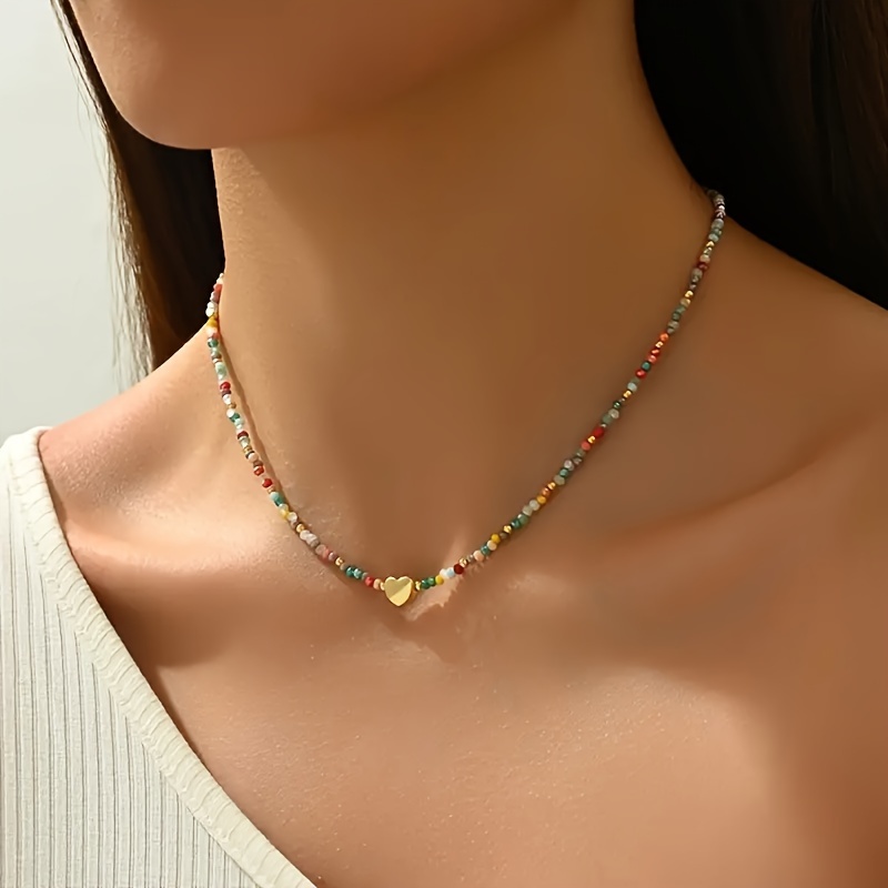 

Vintage Boho Colored Bead Heart Choker Necklace - Perfect For Parties And Music Festivals - Year-round Wear - No Plating, No Setting - Synthetic Crystals