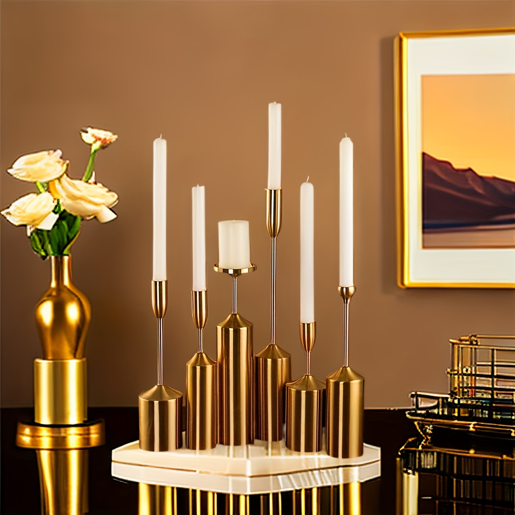 6pcs Set Golden Taper Candle Holders Brass Metal Taper Candle