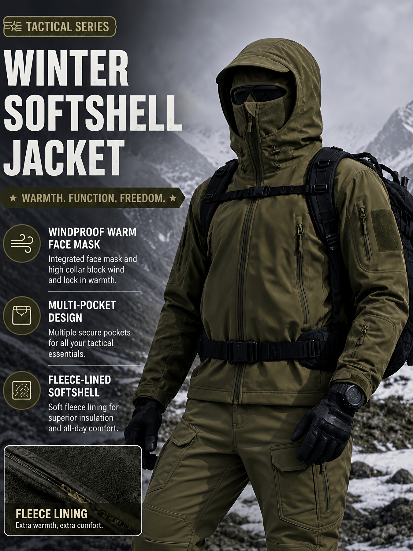 Men's Multi-Pocket Softshell Jacket & Cargo Pants Set with Face Mask