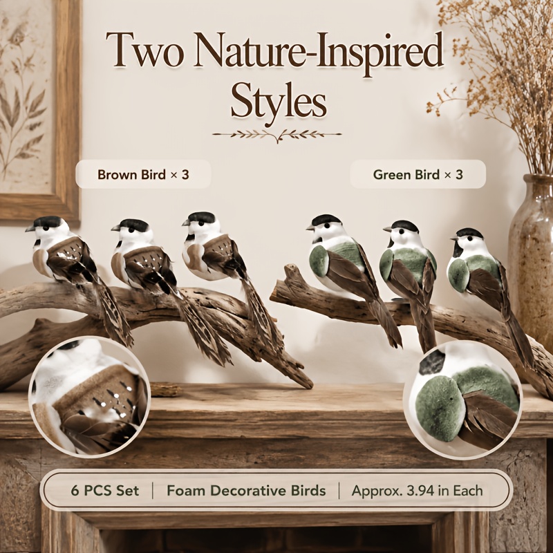 TEMU 6pcs Set Of Realistic Artificial Bird Ornaments, With Lifelike Shapes And Exquisite . Suitable For Indoor And Outdoor Home Decor, Outdoor Garden