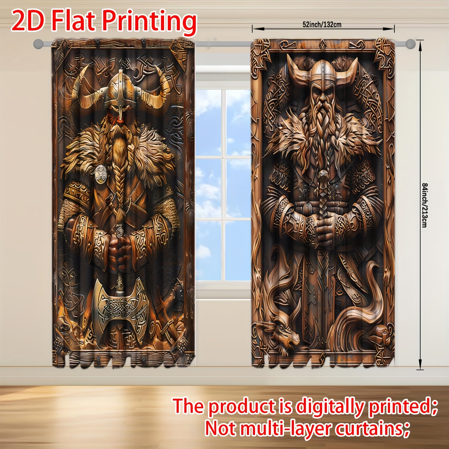 TEMU Kaitong 2 pièces Rideau Imprimé en Bois Plat 2D pour Décoration Maison - Poche Tringle, Chambre, Bureau, Cuisine et Salon, Impression Plate 2D