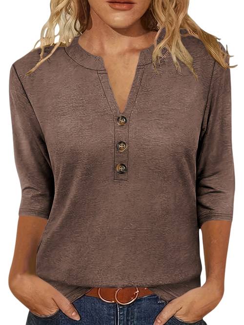 item picture new autumn winter casual fashion solid color v neck button three quarter sleeve t shirt for women