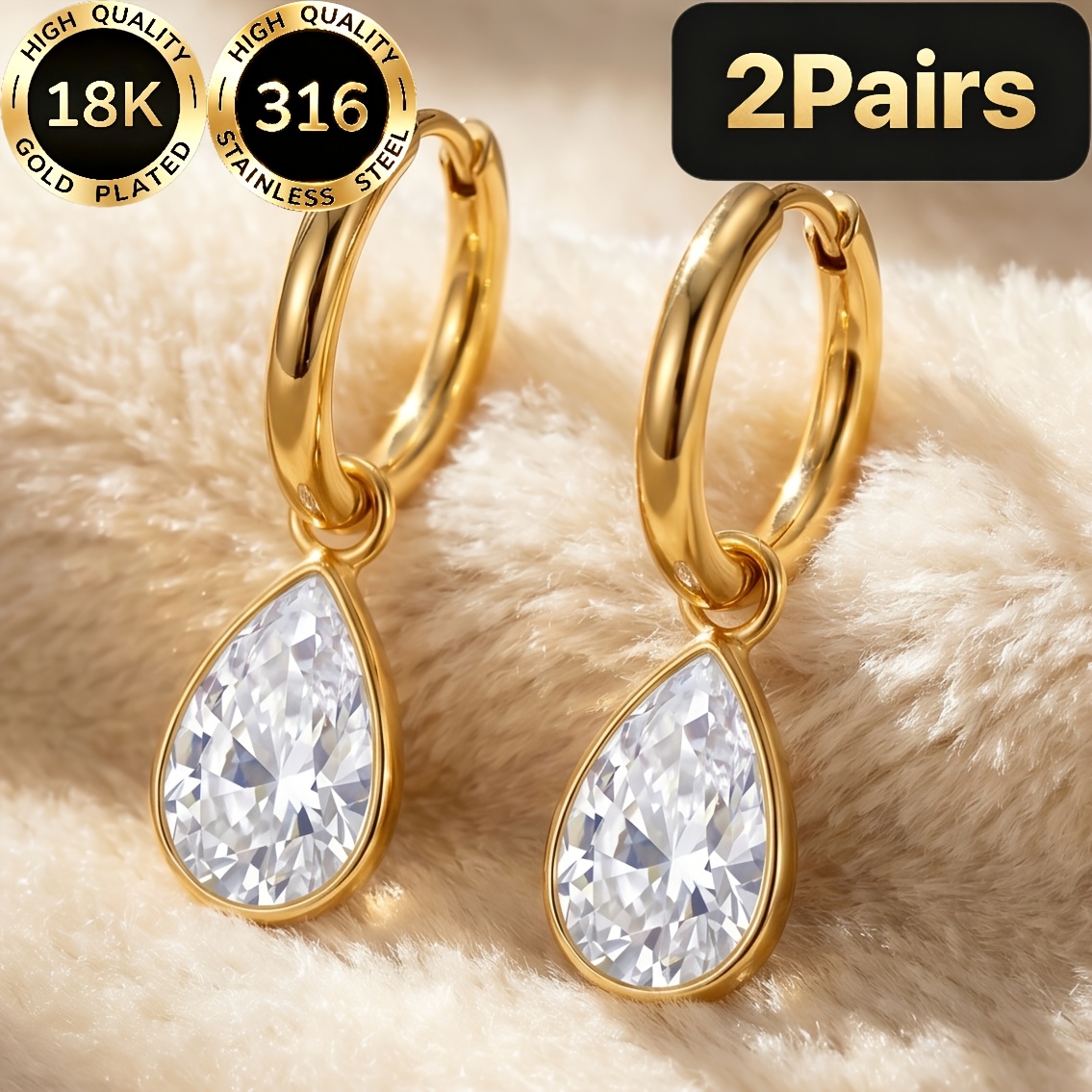 TEMU A Pair Of High-quality Steel 18k Gold-plated Hypoallergenic Earrings With A Light Luxury, Elegant, And Teardrop-shaped Synthetic Synthetic