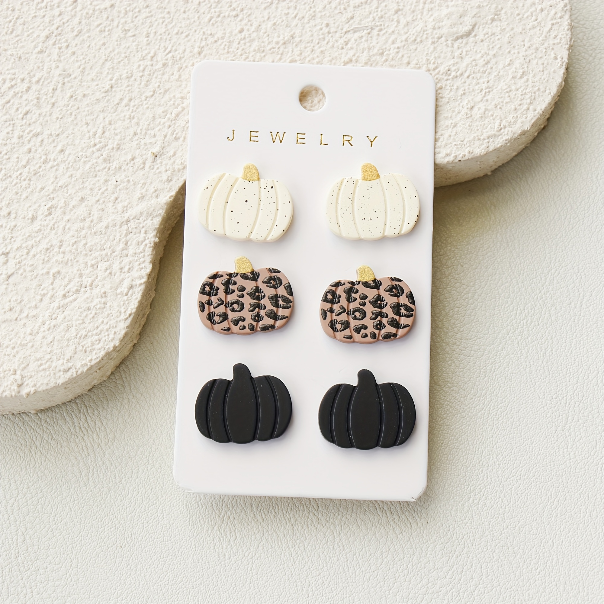 Image of Halloween 3 Pairs Of Earrings Featuring A Black And Beige Leopard Print Pumpkin Design, Made Of Acrylic With A Vintage Clay-like Texture, Perfect For Gifts