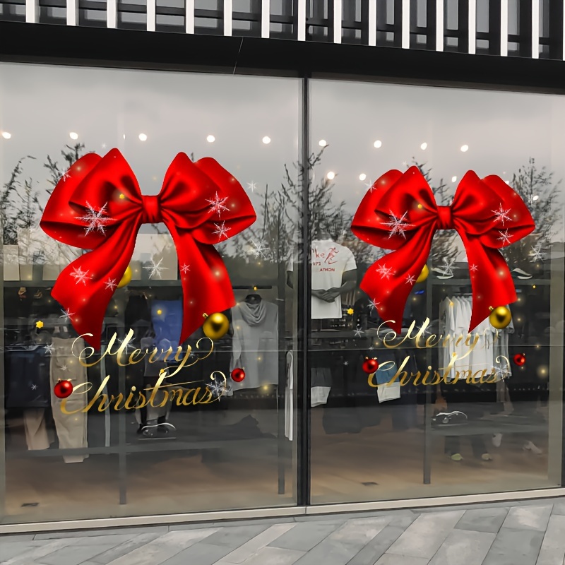 2pcs Christmas Ornaments, Windows, Static Glass, Stickers, Stepping Into Shops, Malls, Window Stickers, Red Bows