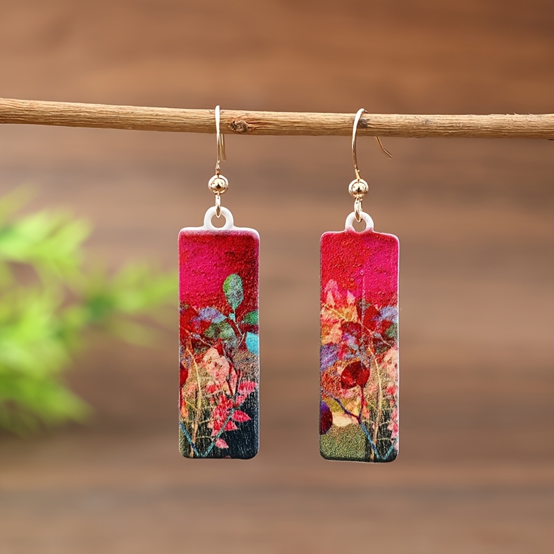 Image of A Pair Of Artistic Oil Painting Floral Earrings, Long-style Artistic And Niche Design Earrings