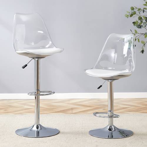 contemporary bar stools with adjustable height featuring degree swivel design transparent pet acrylic backrest and a white pu cushioned seat the height adjusted from 39 to 47 2 inches silver metal base