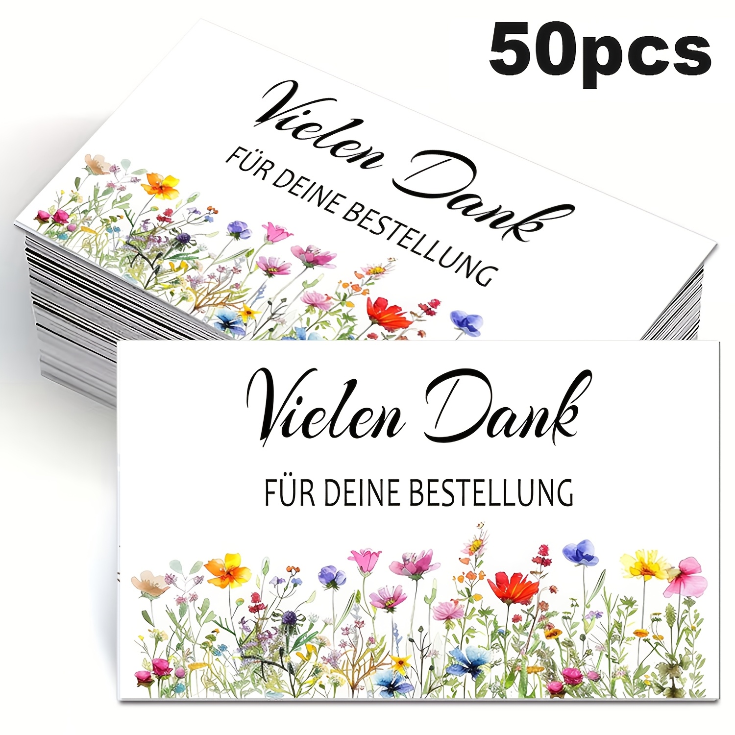 E-shop 50 Deutsche Blumen Dankeskarten, Größe 8,5 x 5,5 cm, sind elegante Karten, für Geschäfte und Unternehmen, um sich auf ihre Kunden vorzubereiten.