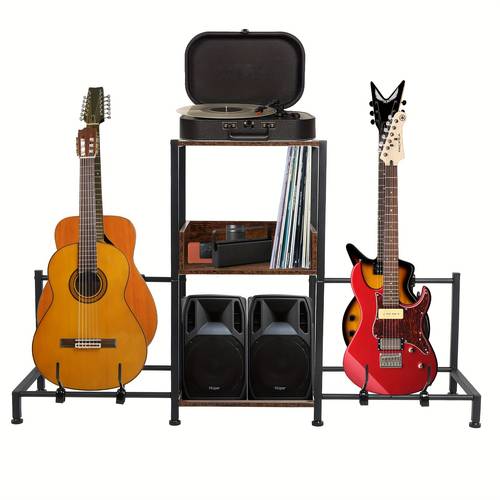 Guitar Stand for Multiple Guitars, 4-tier Guitar Stand, Adjustable Guitar Stand for Bass, Guitar, Electric,3 Holder floor for AMP,Record, Music Album, Music Organizer for Music Home Studio(4-tier)