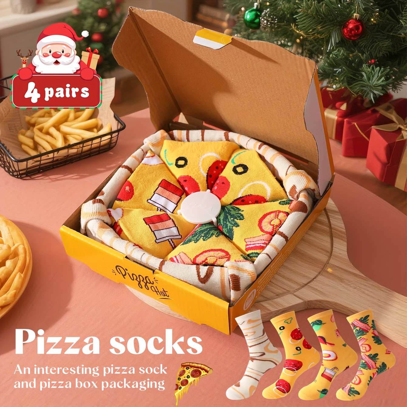 TEMU 4 Pairs Whimsical Pizza-themed Gift Box Socks, And Summer Gift Socks For Men And Women, Ideal Gifts For Birthday Parties, Family Day Parties,