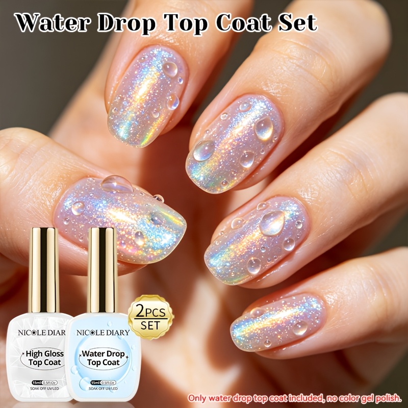 TEMU Diary 15ml 2pcs/set Water Coat And High Gloss Set Spring Summer And Collection Clear Versatile Water Drop Shape Nail Art Functional Gel
