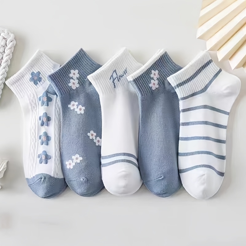 E-shop 5 Paar vielseitige Damen-Freizeit-Knöchelsocken für Frühling/Sommer 168, weich, bequem, atmungsaktiv, schweißabsorbierend, gestreift, geblümt