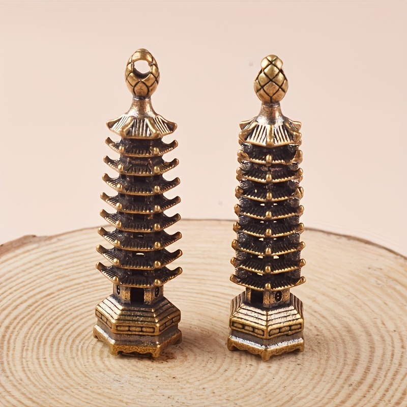 

2pcs Brass Hollow Wrenchang Tower, Nine-layer Pagoda Men' Key Chain Key Ring Retro Pendant